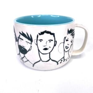 Anthropologie People Person Coffee Mug Collectible 10 oz. White Black Blue Faces